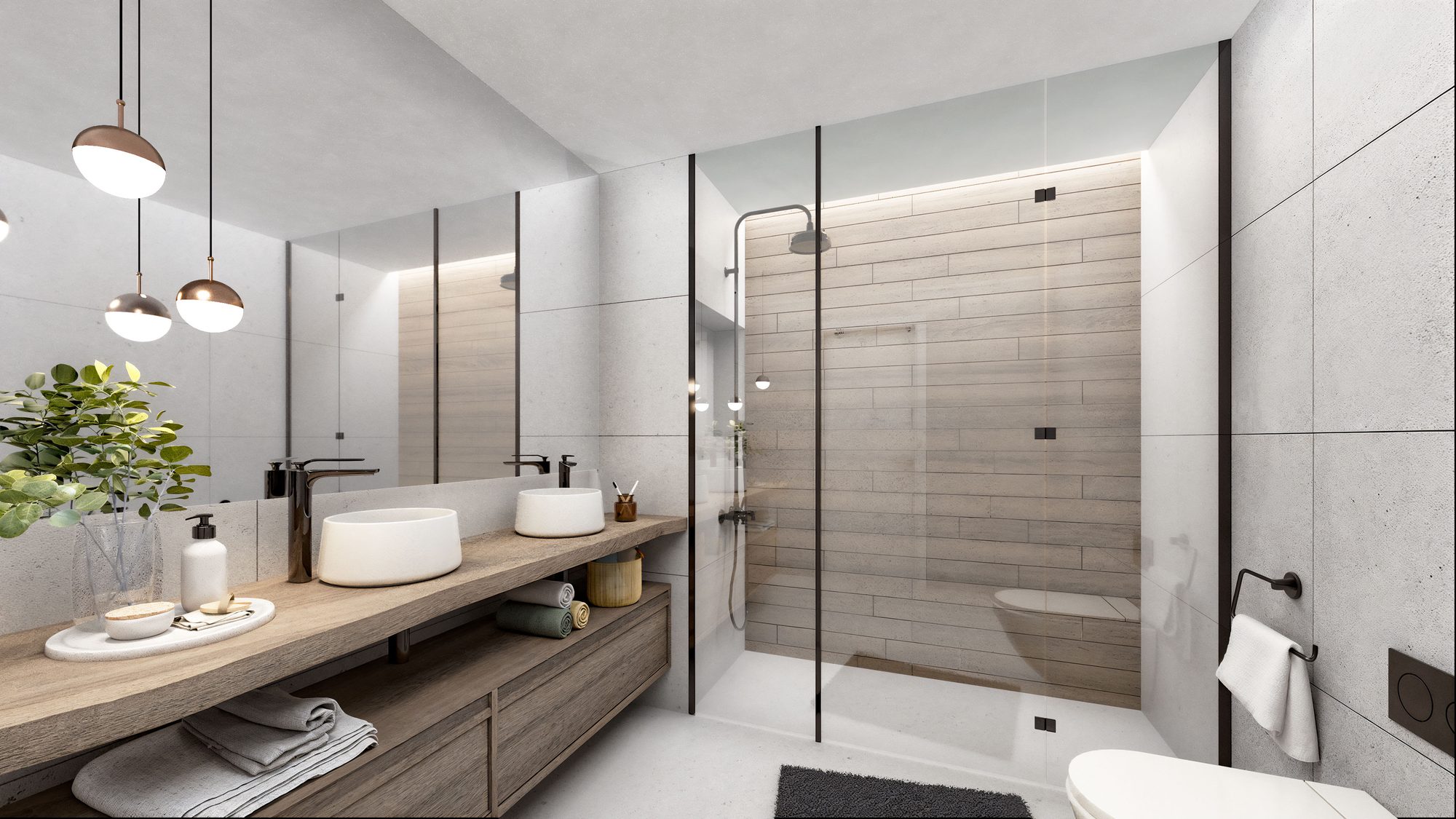 Computer-generated bathroom with twin basins on a wooden counter and a walk-in shower