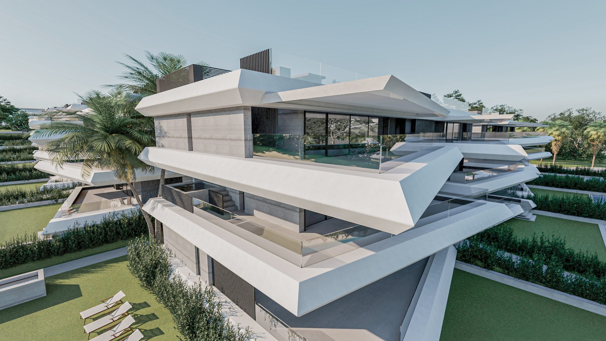 Computer-generated view of a corner building with cantilevered white terraces and glass balustrades above a lawn