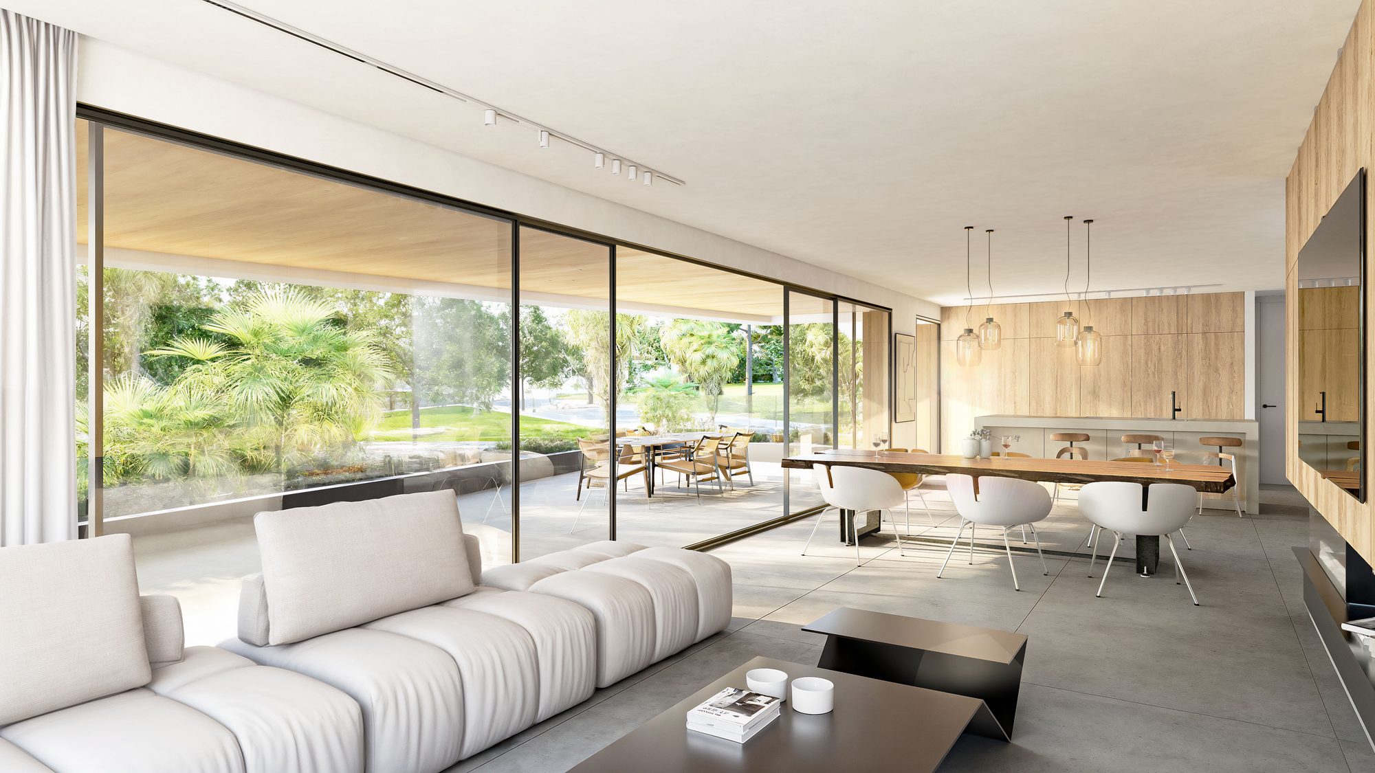 Computer-generated living room with a sofa, a long dining table and floor-to-ceiling sliding glass doors to the garden