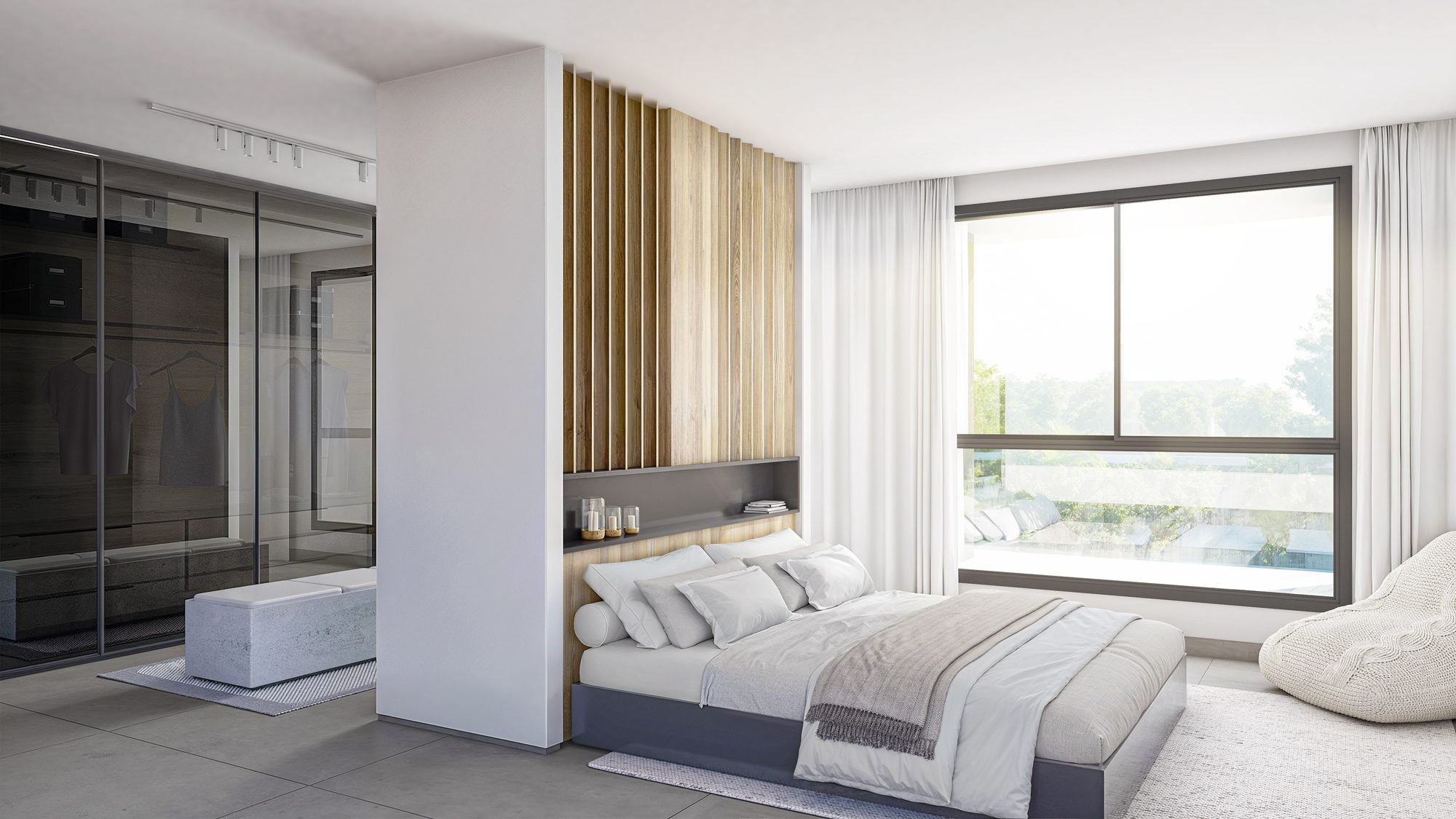 Computer-generated bedroom with a double bed, a wood-slatted headboard and a glazed dressing room