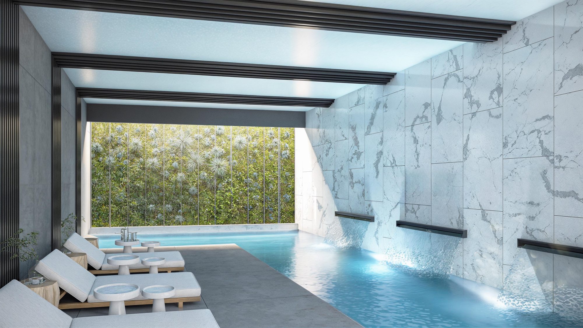 Computer-generated covered pool with waterfalls over a marble wall and loungers