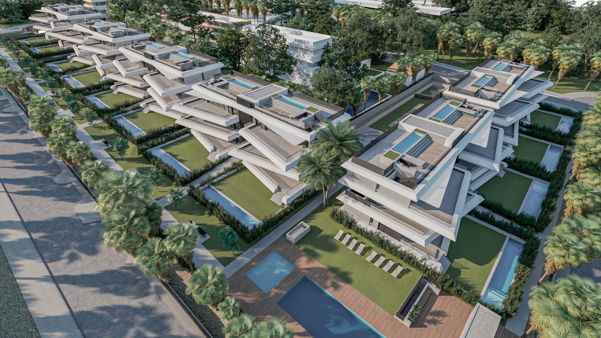 Computer-generated aerial view of the stepped white blocks with roof terraces, private pools and lawns
