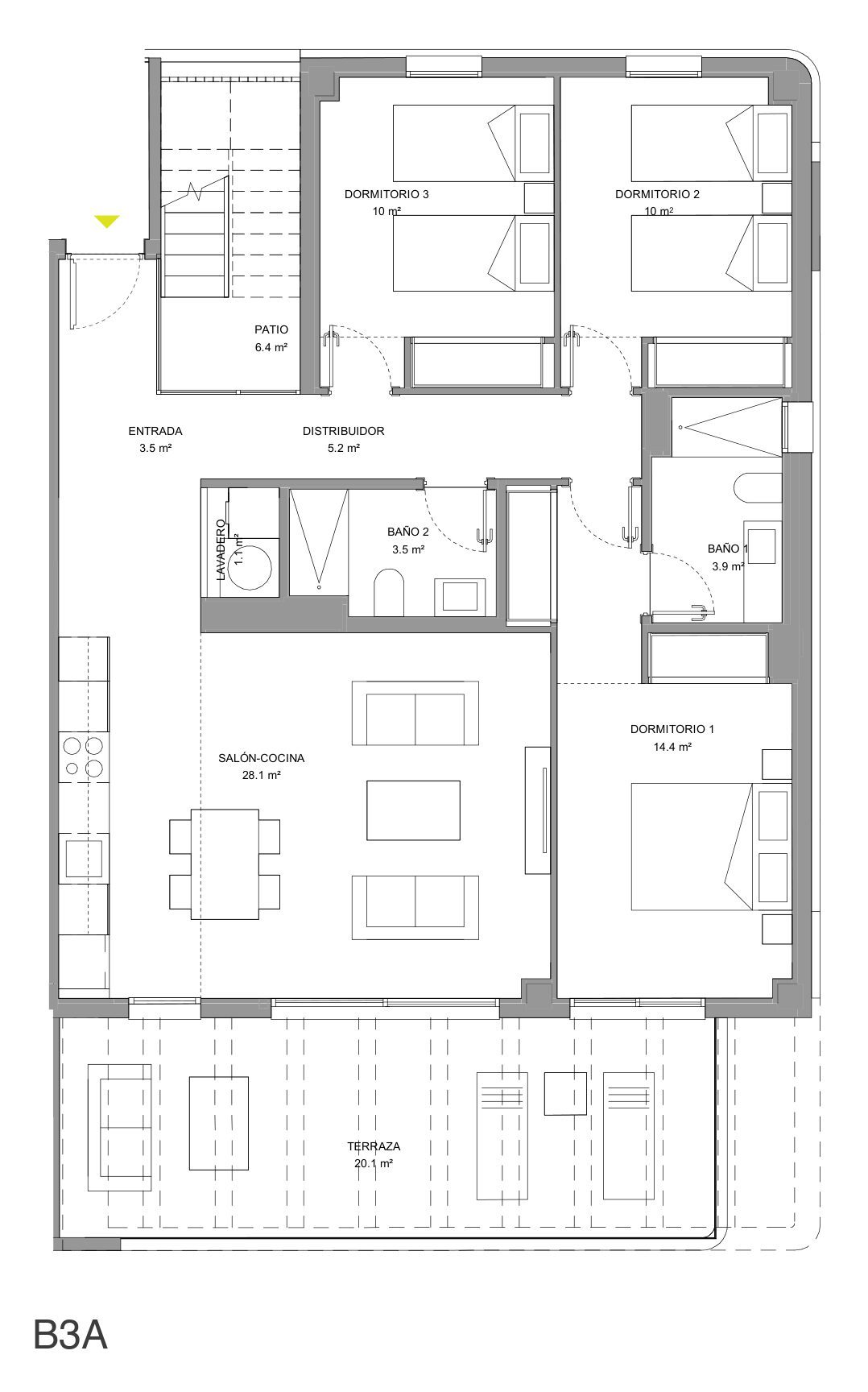 Grundriss der Wohnung 312C, Block 3, unteres Geschoss mit drei Schlafzimmern und einer Terrasse