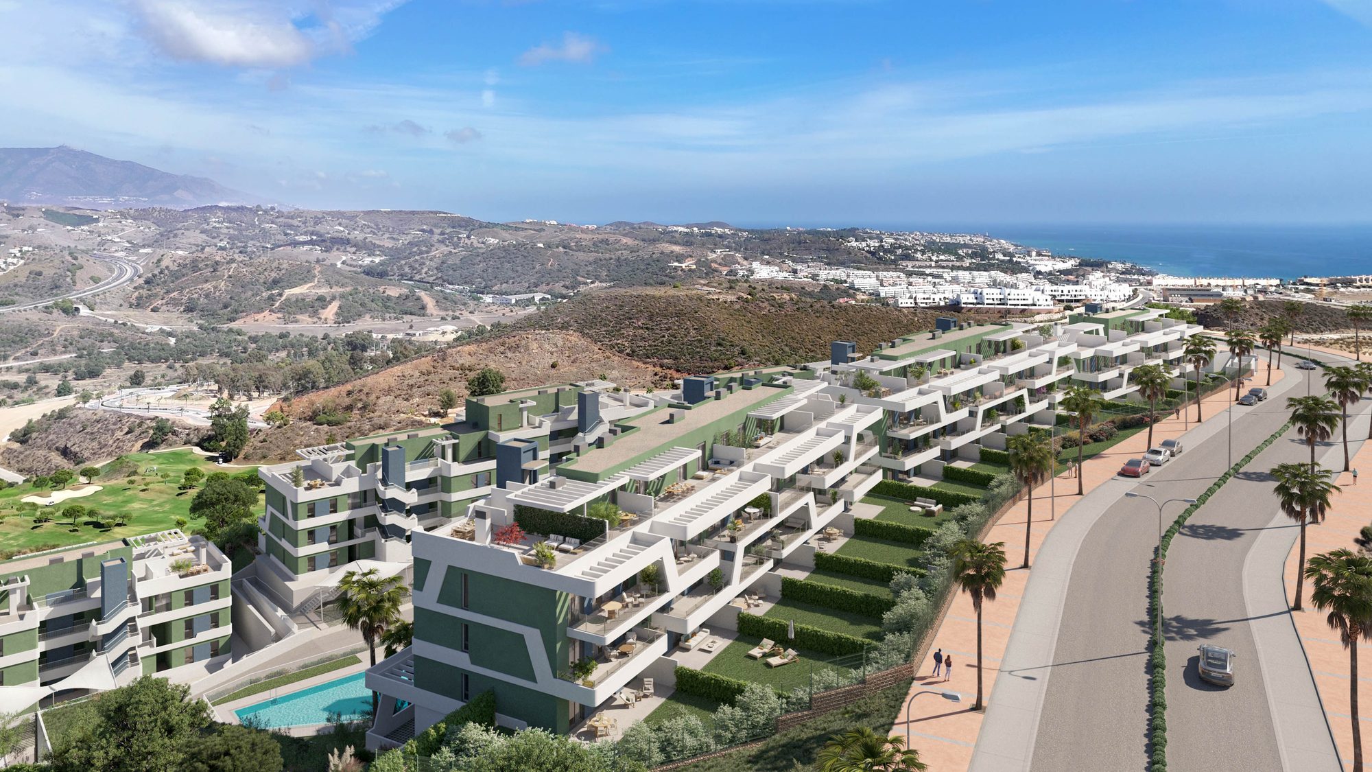 Computergenerierte Luftansicht der terrassierten Baukörper am Hang mit einem Golfplatz und dem Meer dahinter