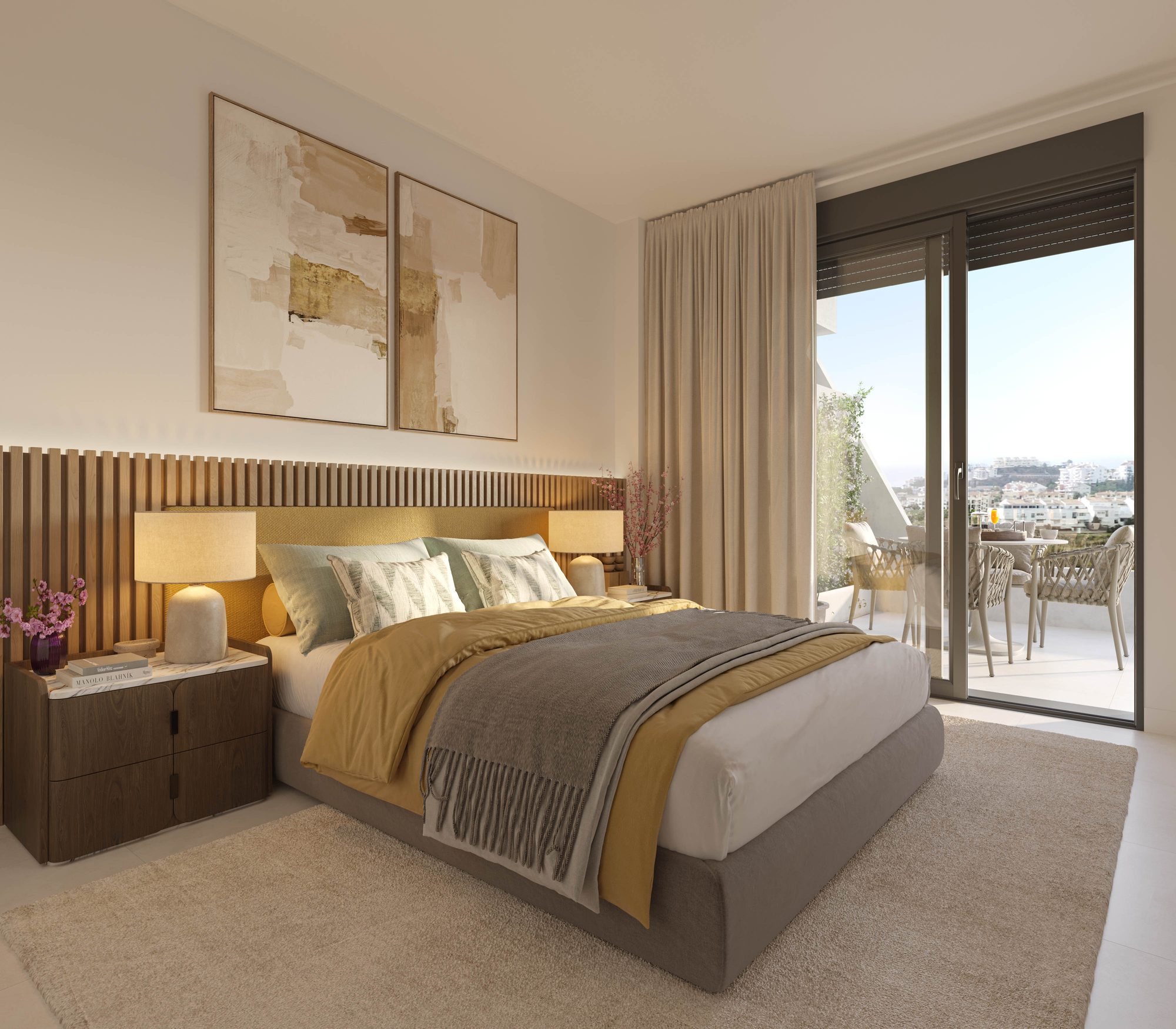 Computergeneriertes Schlafzimmer mit Doppelbett, Kopfteil aus Holzlamellen und einer Tür zur Terrasse