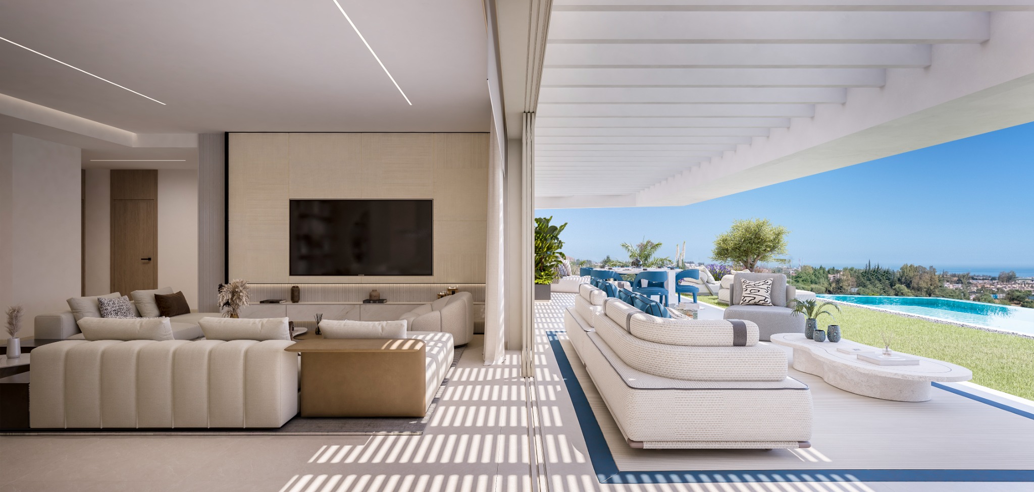 Open-plan residence connecting lounge, terrace and private pool