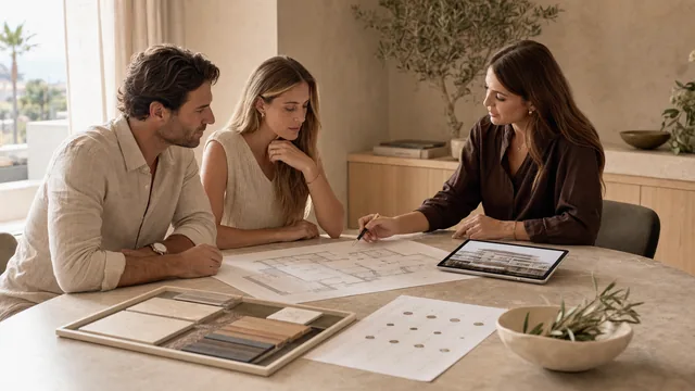 Architect reviewing plans and a scale model in a design studio